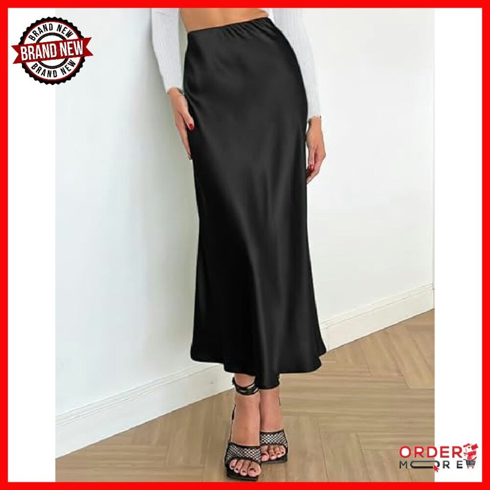 Satin Midi Skirt High Waist Elastic Flowy A-Line Elegant - Picture 3 of 8